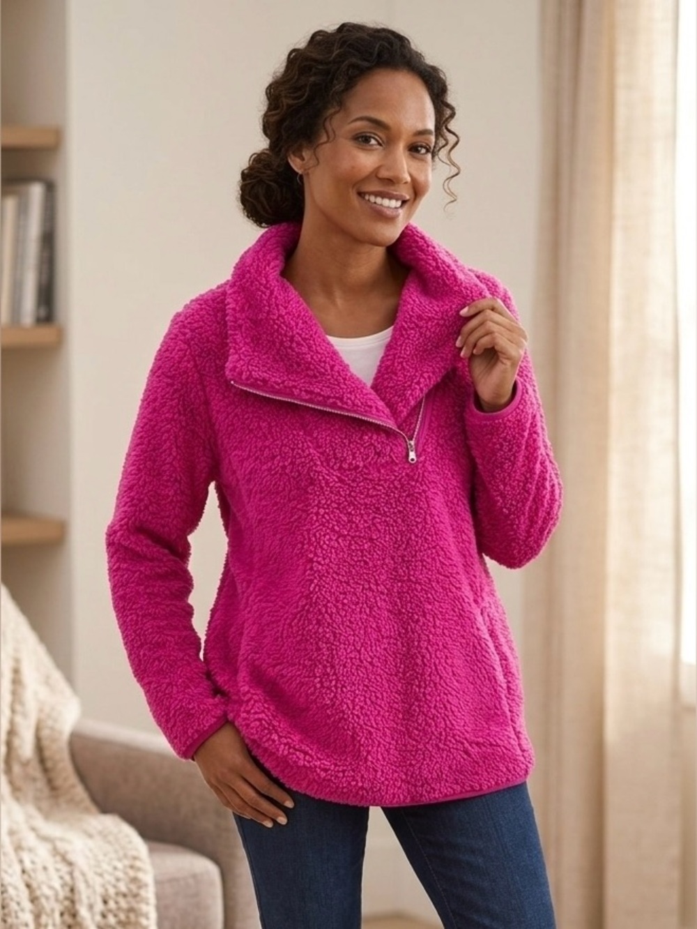 Talbots Petite Hot Pink Sherpa Asymmetrical Zip Jacket LP - Picture 9 of 9